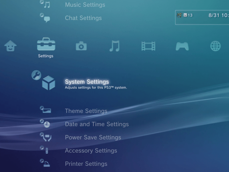 Interface mostrando o menu do Playstation 3